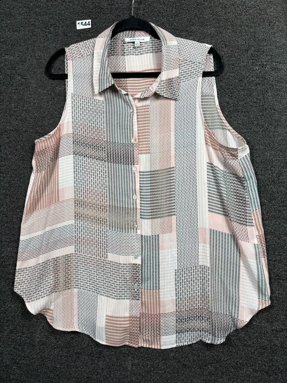 Rose Olive Top Womens 1X Color Block Sleeveless Button Front Career Collared